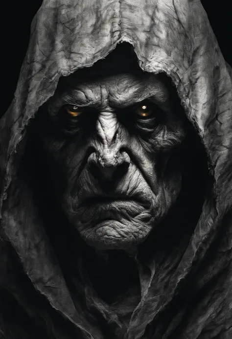 very old man, looks like a corpse, half of his face deformed, beggar, dirty, angry look, short gray hair, pale and wrinkled skin, yellowish pupils, hunched posture, waist up, penetrating and evil look, long black cloak, torn clothes, cloak of crow feathers...