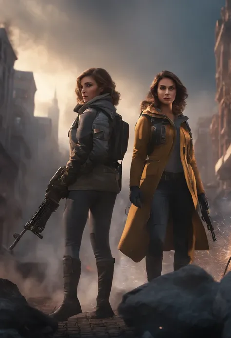 ((high quality)), ((masterpiece)), 8k, 2girls, bulletproof vest, light rays, extremely detailed CG unity 8k wallpaper, game cg, looking at viewer, gloves, boots, full body, watch, computer, mask, drone, holding weapon, headphones, jacket, (background destr...