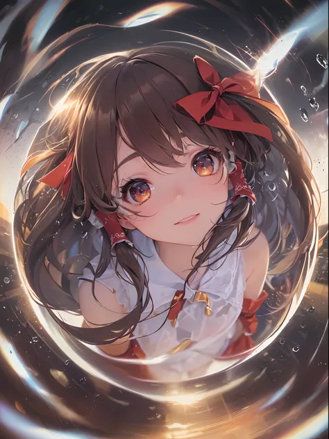 (((((hakurei reimu)))))(((,brown hair,brown eyes, nontraditional miko,mystical,Particles of Light)),((((((Break,design an image with fisheye lens effect, capturing a wide field of view with a distinctive, curved perspective.Break,)))))((1girl:1.1,Solo,))(M...