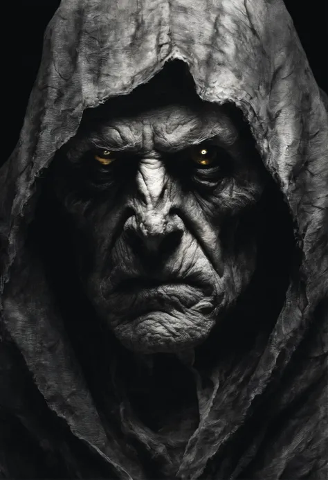 very old man, looks like a corpse, half of his face deformed, beggar, dirty, angry look, short gray hair, pale and wrinkled skin, yellowish pupils, hunched posture, waist up, penetrating and evil look, long black cloak, torn clothes, cloak of crow feathers...