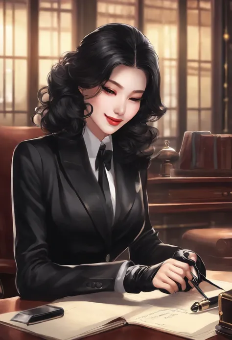 Wearing black leather gloves on both hands, Upper body, Black business suit, Facing a desk in a modern study in the dark, Looking down, Smiling, Use a fountain pen to write a letter, long, Straight black hair, Japan female new employee with young and cute ...