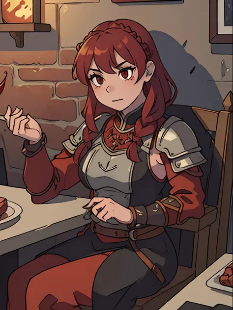 Realistic, Detailed, 8K, portraite of a , (High, Demon Woman with Red Skin, with stone spikes on the body, Cast iron armor), sitting on a chair in a medieval tavern, French braid, Black long hair,