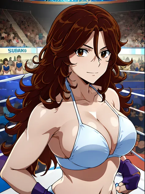 far shot, detailed face, upper body view, detailed body, 4k, Sumergai Lee Noriega, best quality, anime style, hires, highest definition, digital blending, bold drawing lines, ((), (slender body), mature woman, (female wrestler, white wrestling bikini, bice...