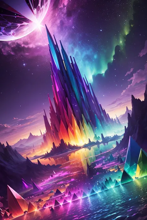 Create an image of a world surrounded by sparkling crystals in seven vibrant colors. Envision a mesmerizing scene where the environment is enveloped by crystals radiating in seven distinct hues, each color representing a different facet of the spectrum. Pi...