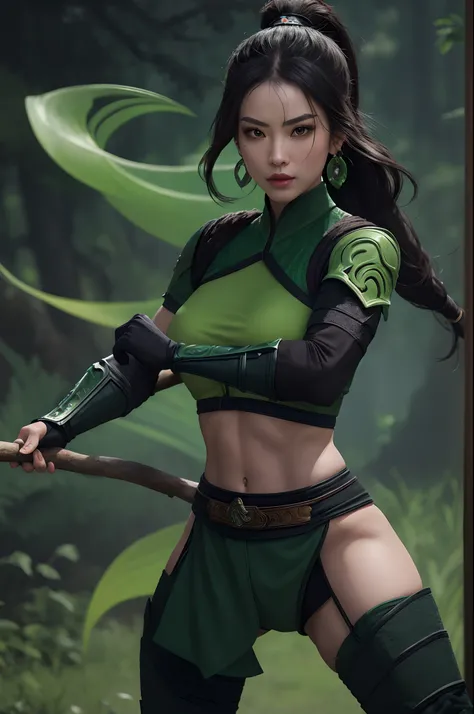 (masterpiece, top quality, best quality, official art, beautiful and aesthetic:1.2), (1girl:1.3), (fractal art:1.3), solo, Jade from mortal kombat, Mortal Kombat video game, 
black headband, long hair, huge breasts, beautiful faces, face mask, asian lady, ...