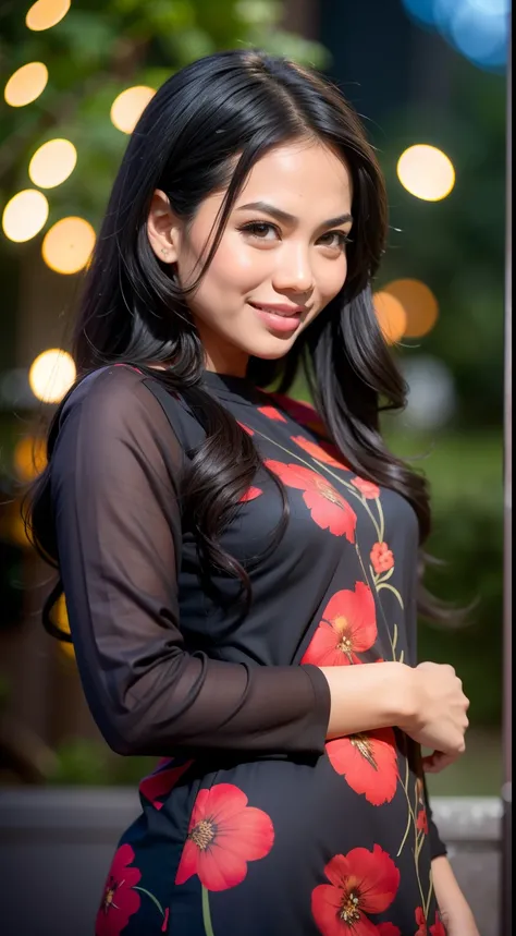 Malay girl  wear small floral black baju kurung malaysia in college, very long black hair, wavy hair, front view, detail skin, detail skin texture, mole below eyes, small breast, big hip, big waist, big thigh, slim abs, beautiful body, nighttime, laughing,...