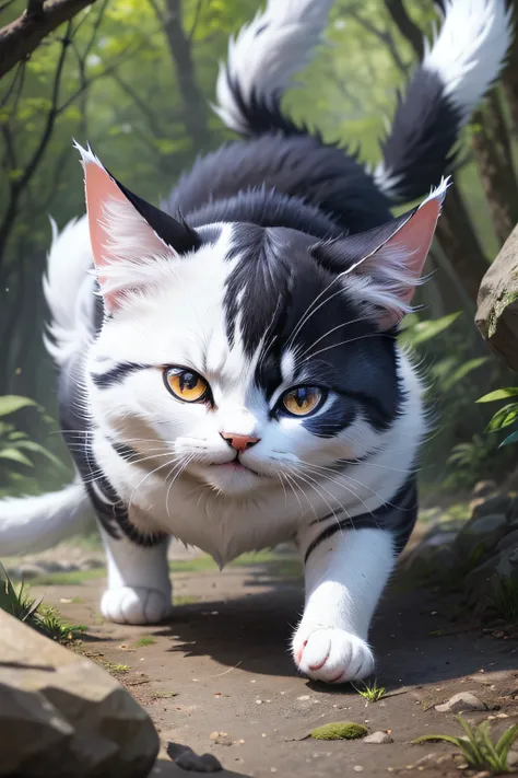 Hikari (the Samurai Cat):

Design an anime-style samurai cat with a gray-and-white coat.
The cat has a unique marking on its back, resembling a samurai crest.
Hikaris eyes are sharp and filled with courage.
Illustrate Hikari in a miniature samurai armor, i...