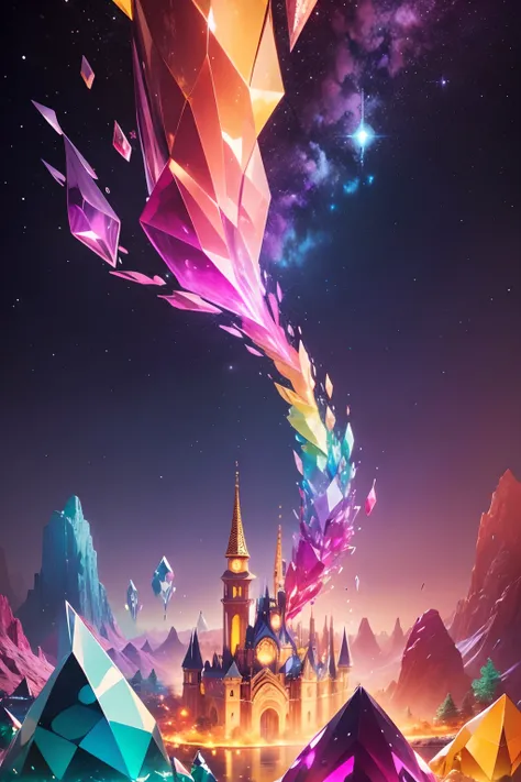 Create an image of a world surrounded by sparkling crystals in seven vibrant colors. Envision a mesmerizing scene where the environment is enveloped by crystals radiating in seven distinct hues, each color representing a different facet of the spectrum. Pi...