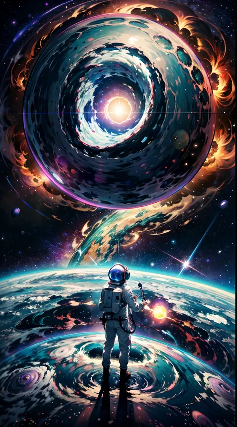 The image depicted is an astronaut wandering in vast space, in the background has a black hole with the accretion disk in purple coloration. It also has a Neptune-like planet, and multiple stars(pontinho branco)