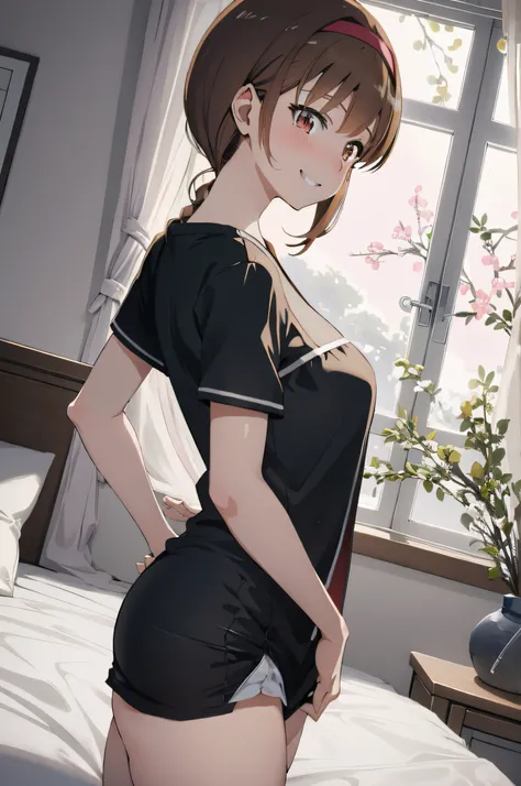 (masterpiece, best quality, detailed) ,1girl,hair band,brown hair,seductive anime girl, attractive anime girl, anime art wallpaper 4k,eyes detailed,ecchi anime style, seductive anime girl.teasing smile, clean detailed anime art,high resolution, (perfect ha...
