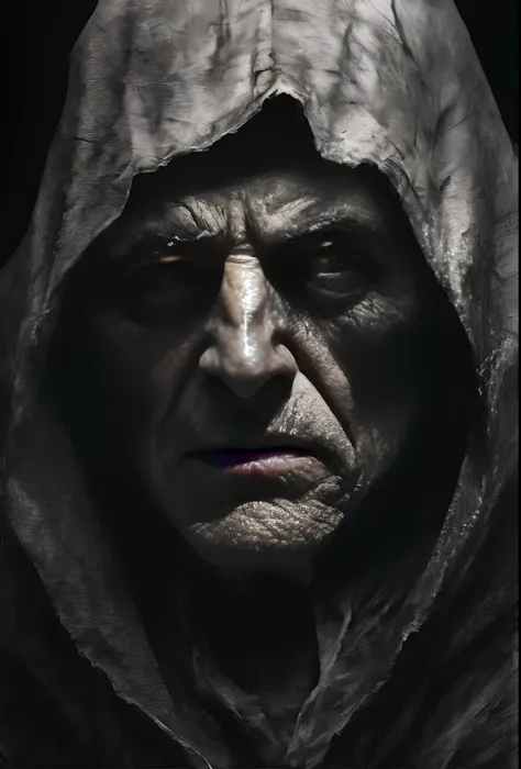 very old man, looks like a corpse, half of his face deformed, beggar, dirty, angry look, short gray hair, pale and wrinkled skin, yellowish pupils, hunched posture, waist up, penetrating and evil look, long black cloak, torn clothes, cloak of crow feathers...