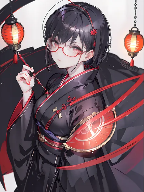 create a detailed portrait of a beautiful anime girl with short black hair, darkred eyes, round red glasses lenses. she is dress...