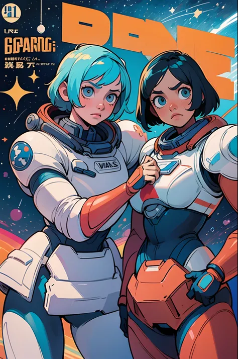 best quality,ultra-detailed, Comic book style,2 space girls, preparing for war