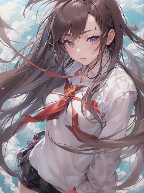 (((hakurei reimu:1.1,)))(((long hair,side bangs,french braid,brown hair,brown eyes, nontraditional miko,leather gloves)),((((((Break,design an image with fisheye lens effect,capturing a wide field of view with a distinctive, curved perspective.Break,)))))(...