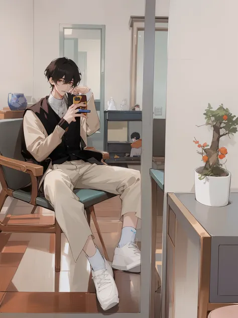 there is a man sitting in a chair with a cell phone, cai xukun, male ulzzang, hyung tae, kim doyoung, jung jaehyun, with long hair, jinyoung shin, ulzzang, with short hair, inspired by Bian Shoumin, taejune kim, hong june hyung, wearing a fisher 🧥, smooth ...