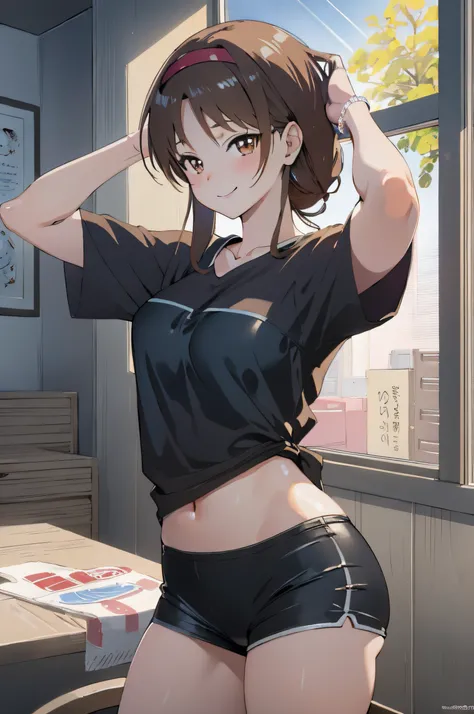 (masterpiece, best quality, detailed) ,1girl,hair band,brown hair,seductive anime girl, attractive anime girl, anime art wallpaper 4k,eyes detailed,ecchi anime style, seductive anime girl.teasing smile, clean detailed anime art,high resolution, (perfect ha...