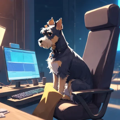 Master Parts, schnauzer, matrix style, Black coat, Type with the keyboard, Sitting in a chair in front of a PC, Lunette de soleil, Dynamic Angle, Best Quality, 4K,without background