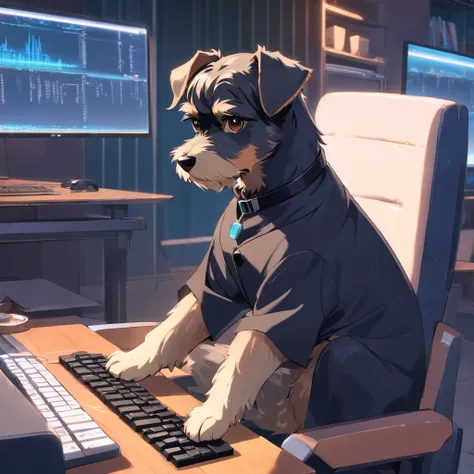 Master Parts, schnauzer, matrix style, Black coat, Type with the keyboard, Sitting in a chair in front of a PC, Lunette de soleil, Dynamic Angle, Best Quality, 4K,without background