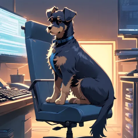 Master Parts, schnauzer, matrix style, Black coat, Type with the keyboard, Sitting in a chair in front of a PC, Lunette de soleil, Dynamic Angle, Best Quality, 4K,without background