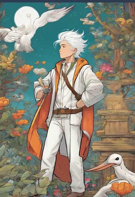 white hair boy in stork costume