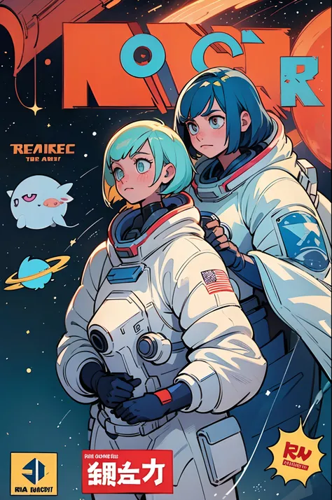 best quality,,ultra-detailed, Comic book cover,2 space girls, preparing for war,