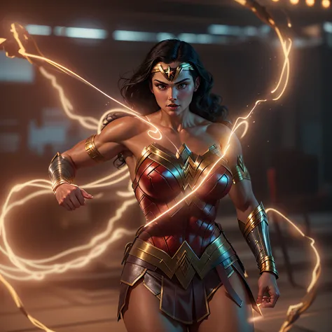 glowing Lasso welding Wonder Woman, muscular athletic body, photo-realistic, octane render, unreal engine, ultra-realistic