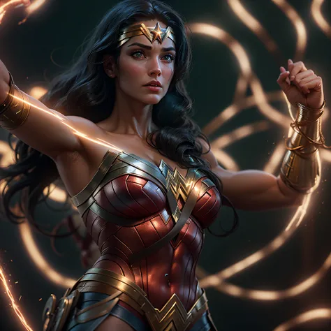 glowing Lasso welding Wonder Woman, muscular athletic body, photo-realistic, octane render, unreal engine, ultra-realistic