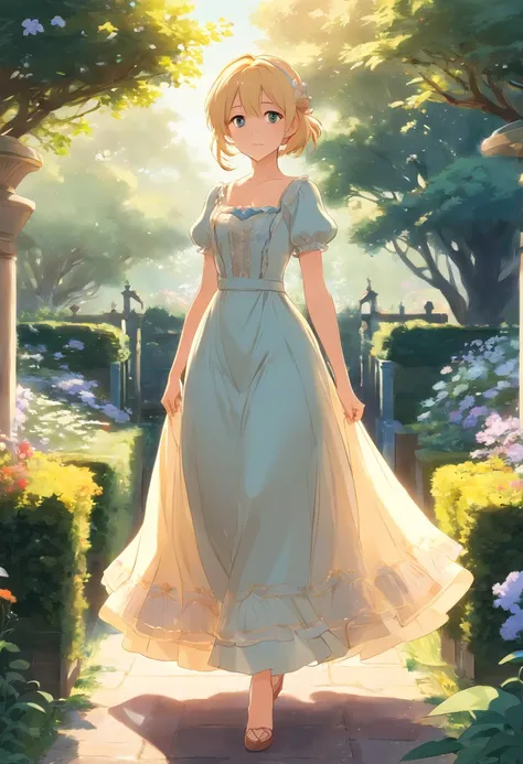 A stunningly beautiful blonde fairytale Princess walking through a garden wearing an elegant Victorian morning dress