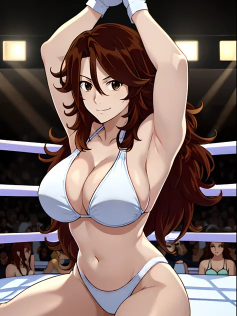 full body view, detailed face, , detailed body, 4k, Sumergai Lee Noriega, best quality, anime style, hires, highest definition, digital blending, bold drawing lines, ((), (slender body), mature woman, (female wrestler, white wrestling bikini, biceps, white...