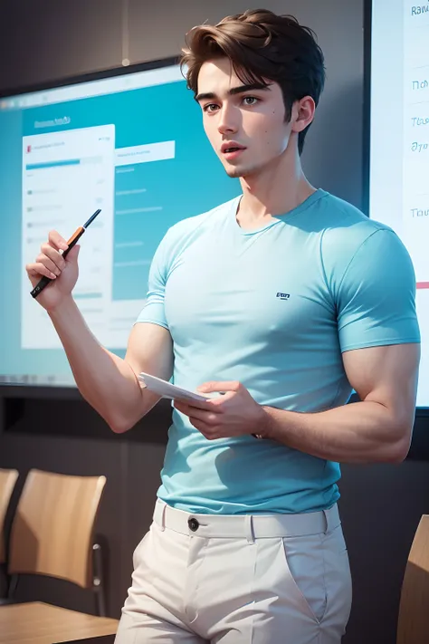 smart and attractive looking 25 years old man wearing dark blue T-shirt and white trouser presenting a lecture, 8K UHD