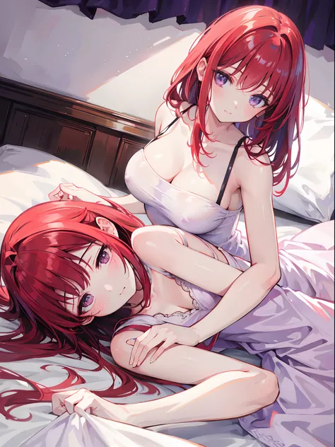 Red hair purple eyes laying on bed with white dress