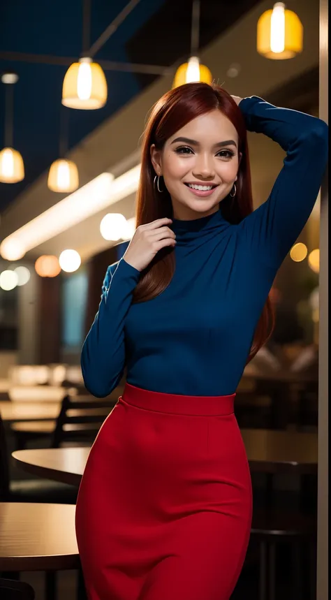 Malay girl, very long red hair,wear soft blue Mini peplum backless Dress , laughing and posing with hand on head, touching her own head, wear handbag, from back view, windy, detail skin, age spot, detail skin texture, mole below eyes, small breast, flat ch...