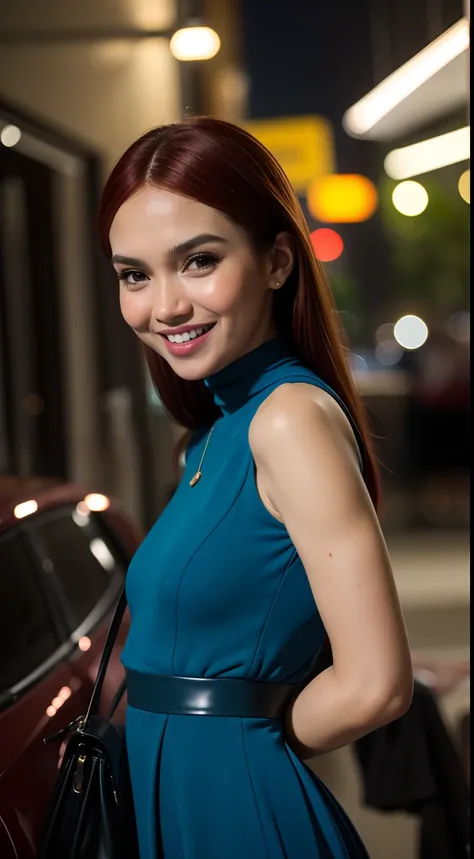 Malay girl, very long red hair,wear soft blue Mini peplum backless Dress , laughing and posing with hand on head, touching her own head, wear handbag, from back view, windy, detail skin, age spot, detail skin texture, mole below eyes, small breast, flat ch...