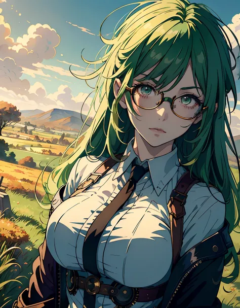 ((masterpiece, best quality)), (1girl, anime girl in massive grassland, autumn scenery, steampunk style),(mature), (solo), (female focus), (green hair, messy hair),purple eyes, glasses, (pale skin)) , evil, vicious, portraits, close up, upper body, vibrant...