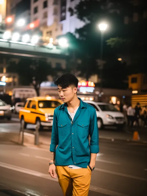 RAW photo, a portrait photo of 25 y.o real face boy casual clothes, night, city street, (high detailed skin:1.2), 4k uhd, dslr, soft lighting, high quality, film grain, Fujifilm XT3