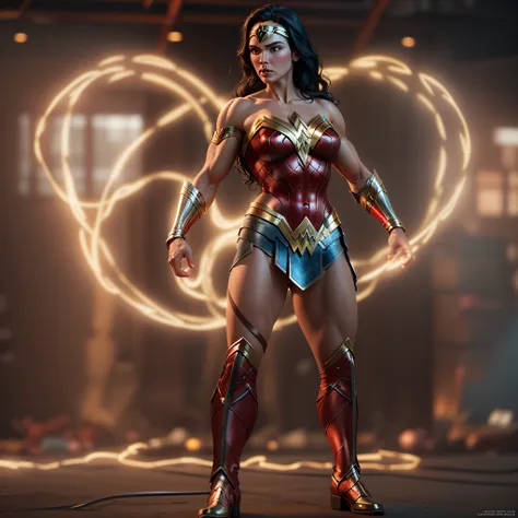 glowing Lasso welding Wonder Woman, muscular athletic body, photo-realistic, octane render, unreal engine, ultra-realistic