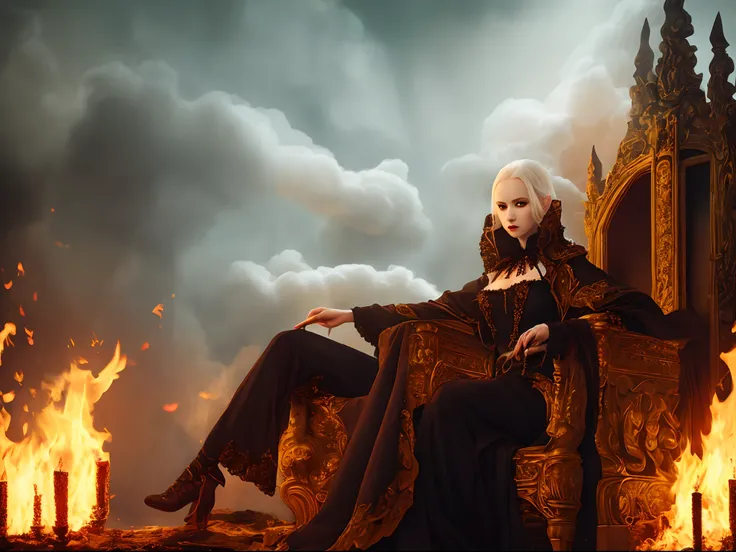 beautiful dark makeup albino woman sitting on a magnificent throne with fire and smoke, ancient gothic style dracula gothic environment