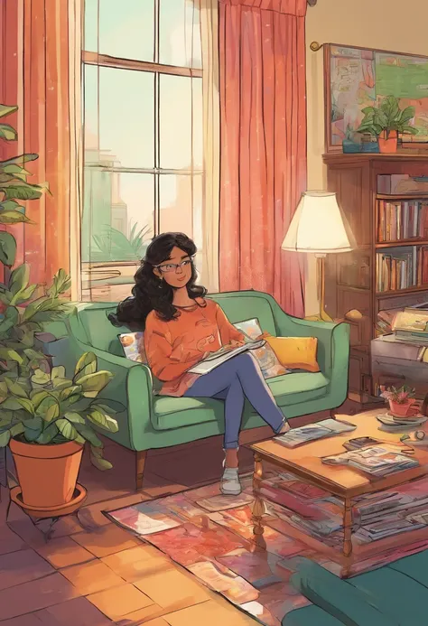 living room, couch, window, curtains, dappled sunlight, potted plant, table, cabinet,bookshelf, paper, desk lamp, typewriter, girl sitting on sofa