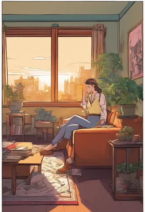 living room, couch, window, curtains, dappled sunlight, potted plant, table, cabinet,bookshelf, paper, desk lamp, typewriter, girl sitting on sofa