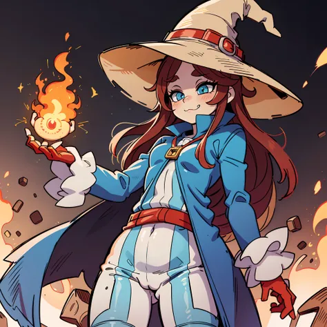 wideshot, (cowboy shot), (1girl), tomboy like witch, sexy, reimaged bmcostume, cartoon, anime 
themed lady in a adventurous place, hair, adult girl with cute face, kawaii silly face, casting fire magic, explosion, toonish style,  futuristic