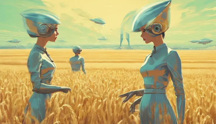 Russian girls working in a wheat field