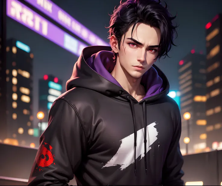 1 boy, handsome boy, black hair, comma hair, forehead comma hair, Detailed hair, street style, Purple hoodie, shiny, Red eyes, looking at viewer, upper body, sharp gaze, bloodlust eyes, amazing, realistic, Night city vibes, 8k, Masterpiece