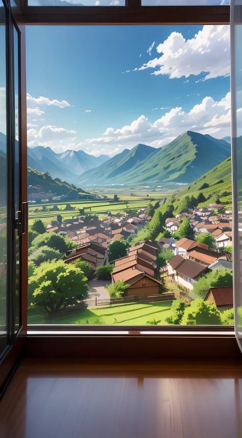 landscape, view from the window, anime style, countryside, with mountains and clouds in the background.