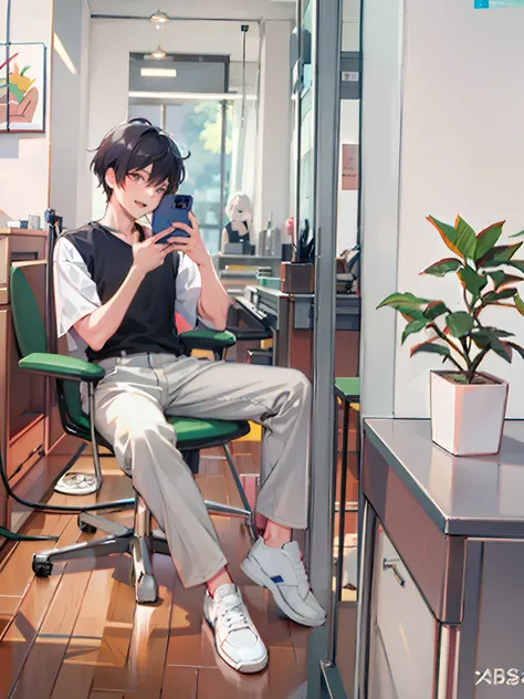 anime - style illustration of a man sitting in a chair in a room, lofi portrait, lofi artstyle, digital anime illustration, modern anime style, anime aesthetic, anime artstyle, high quality anime artstyle, handsome anime pose, anime art style, in an anime ...