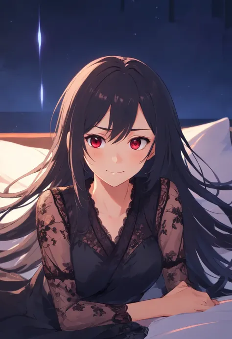 Evil long-haired girl，Wearing a long black lace dress，Shoulders exposed，evil grin smile，Be red in the face，(((((Lie down in bed))))，(((((unholy)))))，red color eyes，cat ear，(((mystical ambiance)))，(((Dark style)))，((((Side of the character))))