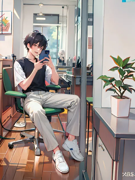 anime - style illustration of a man sitting in a chair in a room, lofi portrait, lofi artstyle, digital anime illustration, modern anime style, anime aesthetic, anime artstyle, high quality anime artstyle, handsome anime pose, anime art style, in an anime ...