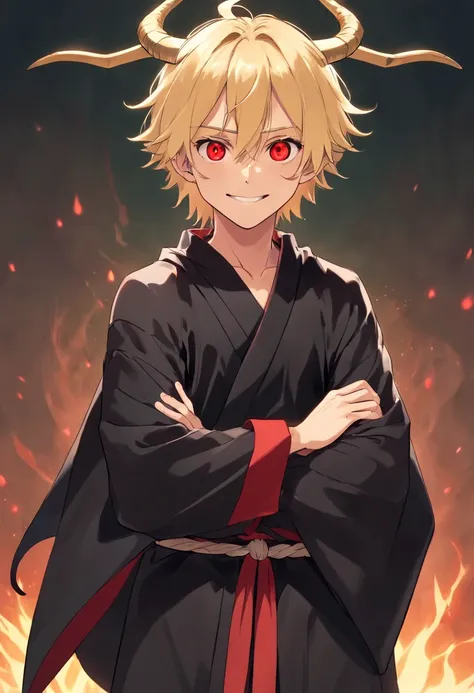 boy, blonde tied up hair, looks like Grim Reaper, red eyes, smile, wearing black robe, japan style, demon horns