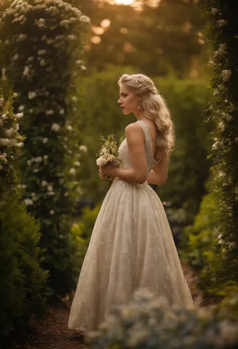 A stunningly beautiful blonde fairytale Princess walking through a garden wearing an elegant Victorian morning dress