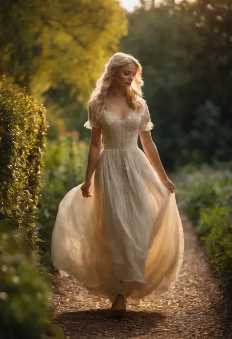 A stunningly beautiful blonde fairytale Princess walking through a garden wearing an elegant Victorian morning dress