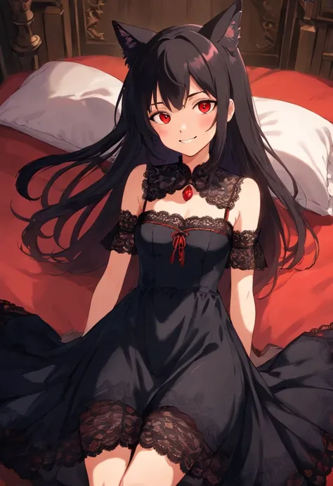 Evil long-haired girl，Wearing a long black lace dress，Shoulders exposed，evil grin smile，Be red in the face，(((((Lie down in bed))))，(((((unholy)))))，red color eyes，cat ear，(((mystical ambiance)))，(((Dark style)))，((((Side of the character))))